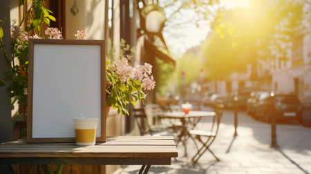 Warm sunlight bathes a cozy sidewalk cafe, highlighting an empty menu frame ready for customizationの素材