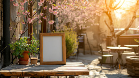 Warm sunlight bathes a cozy sidewalk cafe, highlighting an empty menu frame ready for customizationの素材
