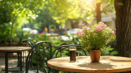 Warm sunlight bathes a cozy sidewalk cafe, highlighting an empty menu frame ready for customizationの素材