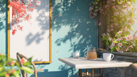 Warm sunlight bathes a cozy sidewalk cafe, highlighting an empty menu frame ready for customizationの素材