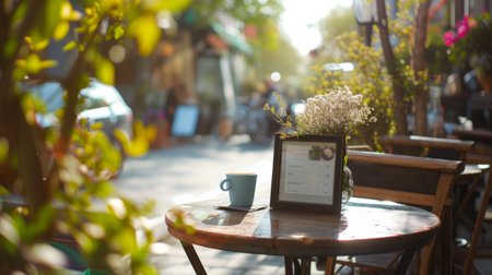 Warm sunlight bathes a cozy sidewalk cafe, highlighting an empty menu frame ready for customizationの素材