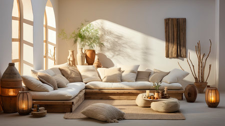 A stylish living room featuring a plush sofa, wooden furniture, and rustic wall art, exuding a calm ambianceの素材