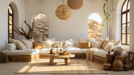 A stylish living room featuring a plush sofa, wooden furniture, and rustic wall art, exuding a calm ambianceの素材