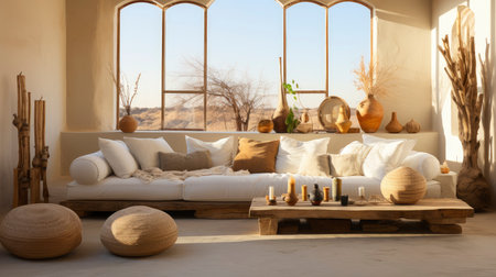 A stylish living room featuring a plush sofa, wooden furniture, and rustic wall art, exuding a calm ambianceの素材