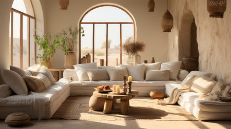 A stylish living room featuring a plush sofa, wooden furniture, and rustic wall art, exuding a calm ambianceの素材