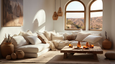 A stylish living room featuring a plush sofa, wooden furniture, and rustic wall art, exuding a calm ambianceの素材