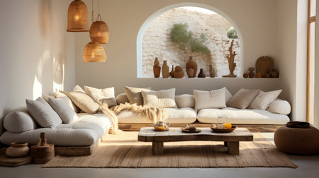 A stylish living room featuring a plush sofa, wooden furniture, and rustic wall art, exuding a calm ambianceの素材