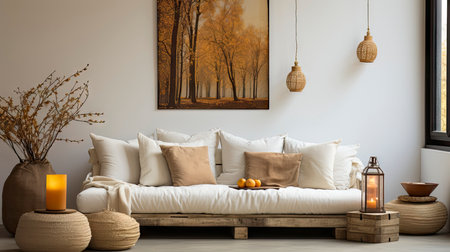 A stylish living room featuring a plush sofa, wooden furniture, and rustic wall art, exuding a calm ambianceの素材