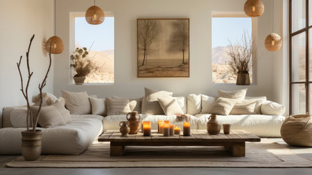 A stylish living room featuring a plush sofa, wooden furniture, and rustic wall art, exuding a calm ambianceの素材