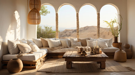 A stylish living room featuring a plush sofa, wooden furniture, and rustic wall art, exuding a calm ambianceの素材