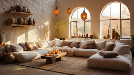 A stylish living room featuring a plush sofa, wooden furniture, and rustic wall art, exuding a calm ambianceの素材