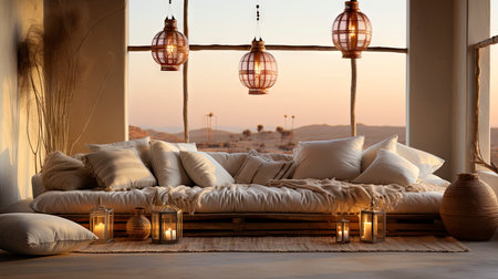 A stylish living room featuring a plush sofa, wooden furniture, and rustic wall art, exuding a calm ambianceの素材