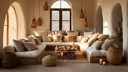 A stylish living room featuring a plush sofa, wooden furniture, and rustic wall art, exuding a calm ambianceの素材