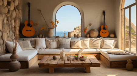 A stylish living room featuring a plush sofa, wooden furniture, and rustic wall art, exuding a calm ambianceの素材