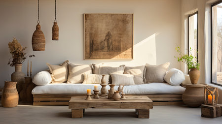 A stylish living room featuring a plush sofa, wooden furniture, and rustic wall art, exuding a calm ambianceの素材