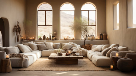 A stylish living room featuring a plush sofa, wooden furniture, and rustic wall art, exuding a calm ambianceの素材