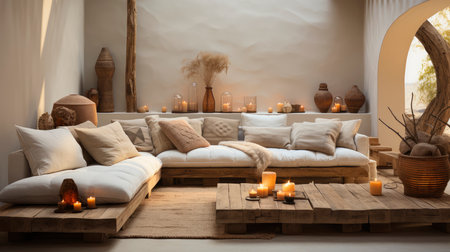 A stylish living room featuring a plush sofa, wooden furniture, and rustic wall art, exuding a calm ambianceの素材