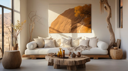 A stylish living room featuring a plush sofa, wooden furniture, and rustic wall art, exuding a calm ambianceの素材