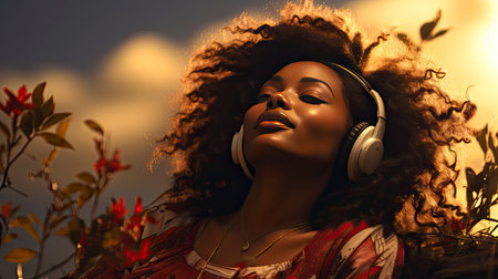 Tranquil Woman Enjoying Music in Natureの素材