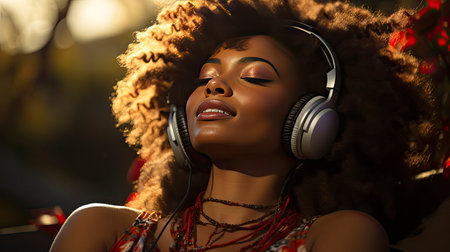 Tranquil Woman Enjoying Music in Natureの素材