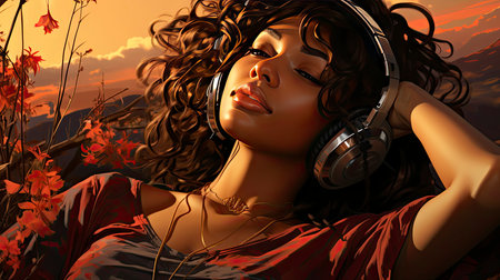 Tranquil Woman Enjoying Music in Natureの素材