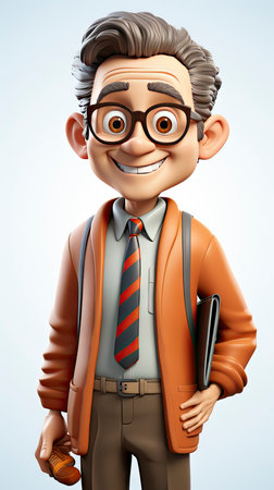 A friendly 3D cartoon elderly professor holding a book and pointing upwards, wearing glasses and a smileの素材