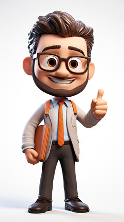 A friendly 3D cartoon elderly professor holding a book and pointing upwards, wearing glasses and a smileの素材