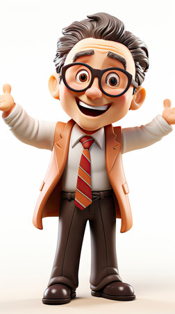 A friendly 3D cartoon elderly professor holding a book and pointing upwards, wearing glasses and a smileの素材