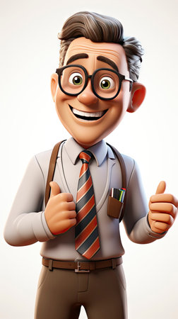 A friendly 3D cartoon elderly professor holding a book and pointing upwards, wearing glasses and a smileの素材