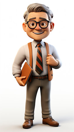 A friendly 3D cartoon elderly professor holding a book and pointing upwards, wearing glasses and a smileの素材
