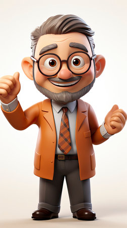 A friendly 3D cartoon elderly professor holding a book and pointing upwards, wearing glasses and a smileの素材