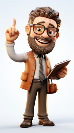 A friendly 3D cartoon elderly professor holding a book and pointing upwards, wearing glasses and a smileの素材