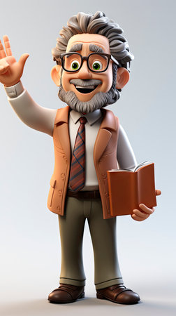 A friendly 3D cartoon elderly professor holding a book and pointing upwards, wearing glasses and a smileの素材