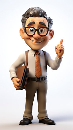 A friendly 3D cartoon elderly professor holding a book and pointing upwards, wearing glasses and a smileの素材