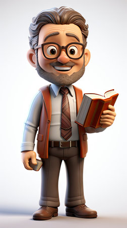 A friendly 3D cartoon elderly professor holding a book and pointing upwards, wearing glasses and a smileの素材