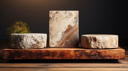 A minimalist beauty product display podium, featuring natural stone and wooden textures with soft lighting to highlight merchandiseの素材