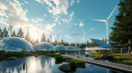 A modern sustainable energy park combines solar and wind power amidst a lush green setting, showing a commitment to clean energyの素材