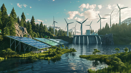 A modern sustainable energy park combines solar and wind power amidst a lush green setting, showing a commitment to clean energyの素材