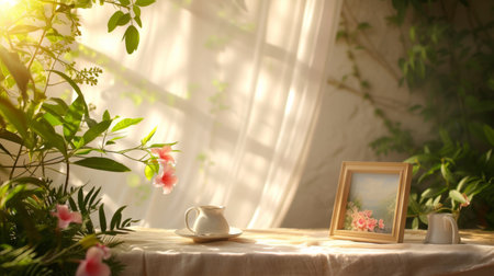 A mockup frame scene set in a garden with an empty frame, a cup of coffee, and blooming flowers on a wooden surfaceの素材
