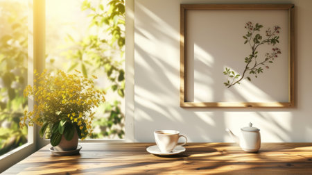 A mockup frame scene set in a garden with an empty frame, a cup of coffee, and blooming flowers on a wooden surfaceの素材