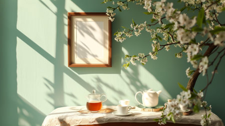 A mockup frame scene set in a garden with an empty frame, a cup of coffee, and blooming flowers on a wooden surfaceの素材