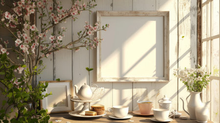 A mockup frame scene set in a garden with an empty frame, a cup of coffee, and blooming flowers on a wooden surfaceの素材