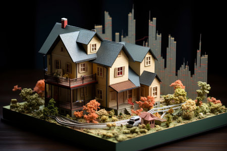 illustration of a small model home on a blueprint with financial bar chartsの素材