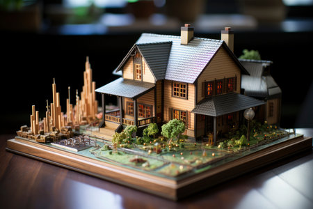 illustration of a small model home on a blueprint with financial bar chartsの素材