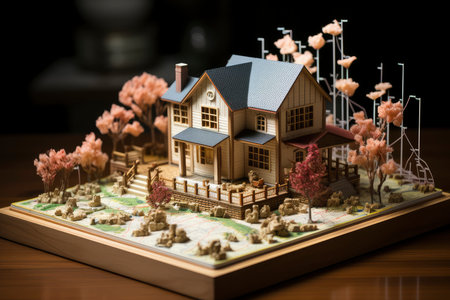 illustration of a small model home on a blueprint with financial bar chartsの素材