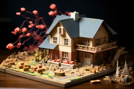 illustration of a small model home on a blueprint with financial bar chartsの素材