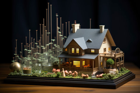 illustration of a small model home on a blueprint with financial bar chartsの素材