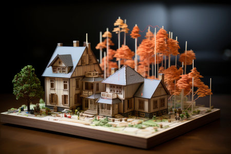 illustration of a small model home on a blueprint with financial bar chartsの素材