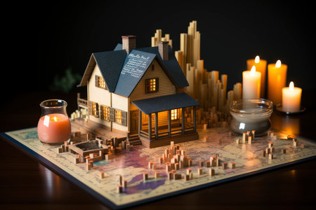 illustration of a small model home on a blueprint with financial bar chartsの素材