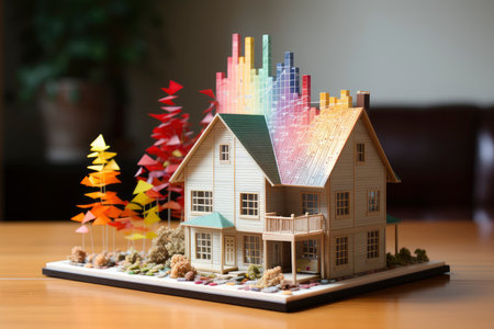 illustration of a small model home on a blueprint with financial bar chartsの素材